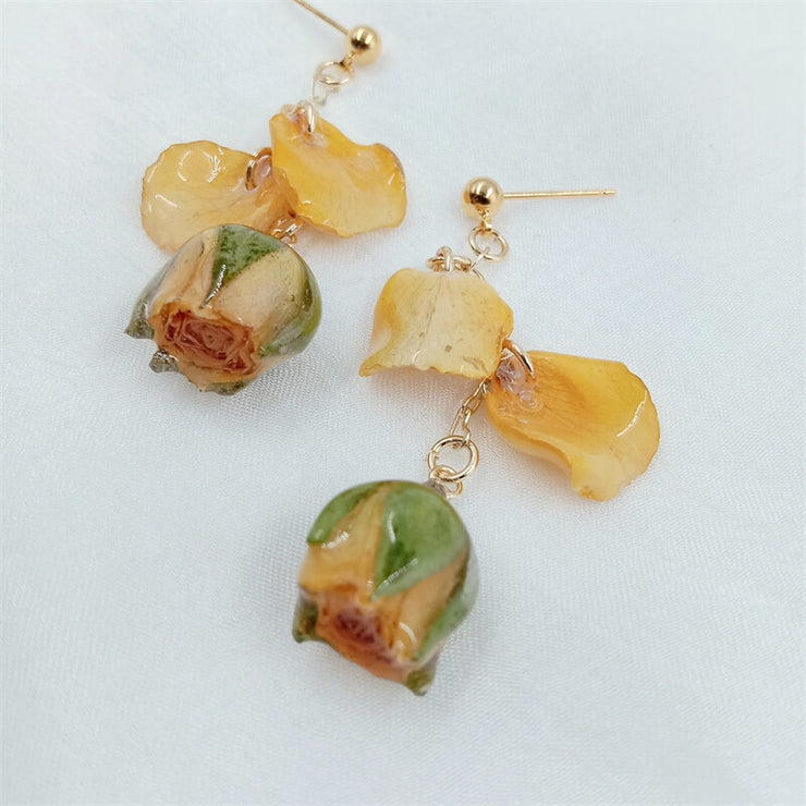 Flower Petals | Champagne Resin Dried Rose| Earrings | 14K Gold Clad