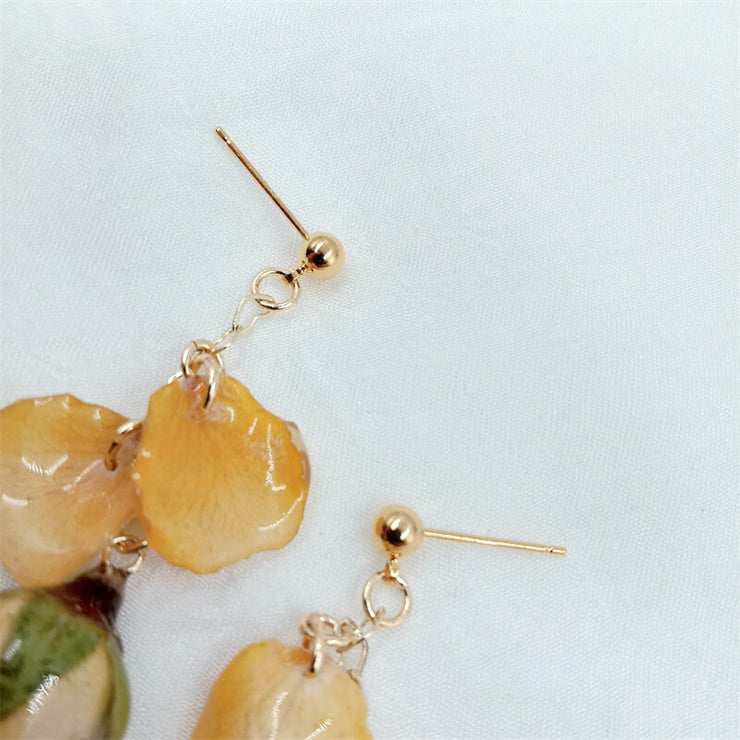 Flower Petals | Champagne Resin Dried Rose| Earrings | 14K Gold Clad