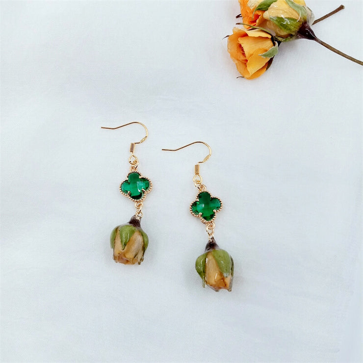 Emerald Four-Leaf Clover | Champagne Resin Dried Rose | Earrings | 14K Gold Clad