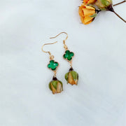 Emerald Four-Leaf Clover | Champagne Resin Dried Rose | Earrings | 14K Gold Clad