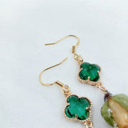 Emerald Four-Leaf Clover | Champagne Resin Dried Rose | Earrings | 14K Gold Clad