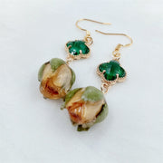 Emerald Four-Leaf Clover | Champagne Resin Dried Rose | Earrings | 14K Gold Clad