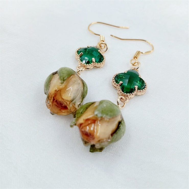 Emerald Four-Leaf Clover | Champagne Resin Dried Rose | Earrings | 14K Gold Clad