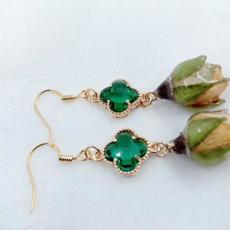 Emerald Four-Leaf Clover | Champagne Resin Dried Rose | Earrings | 14K Gold Clad