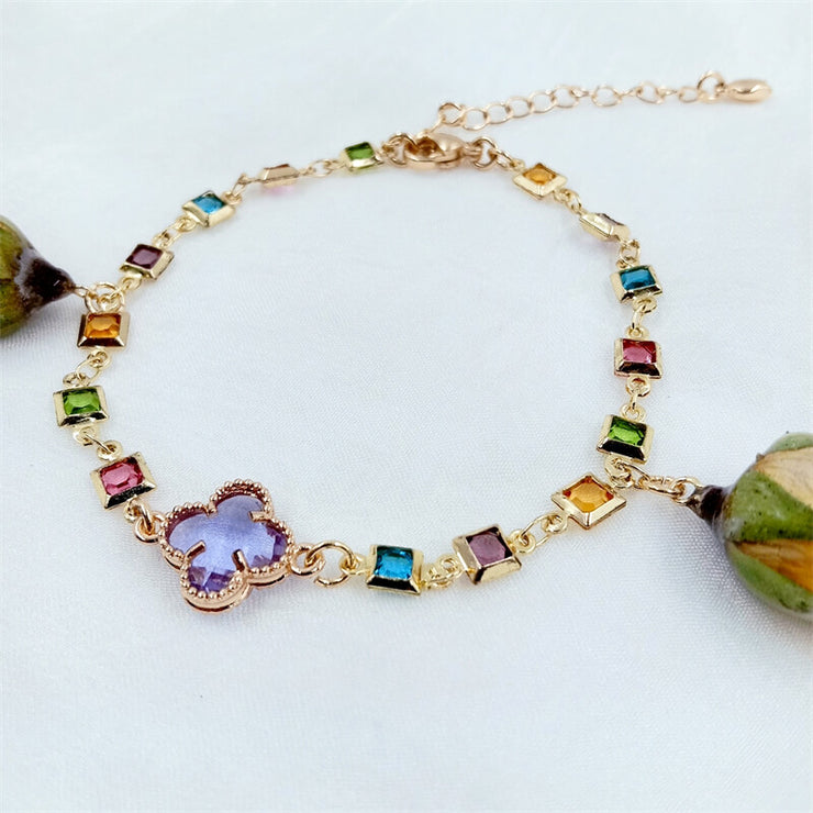 Crystal Four-Leaf Clover | Yellow Resin Dried Rose | Bracelets | 14K Gold Clad