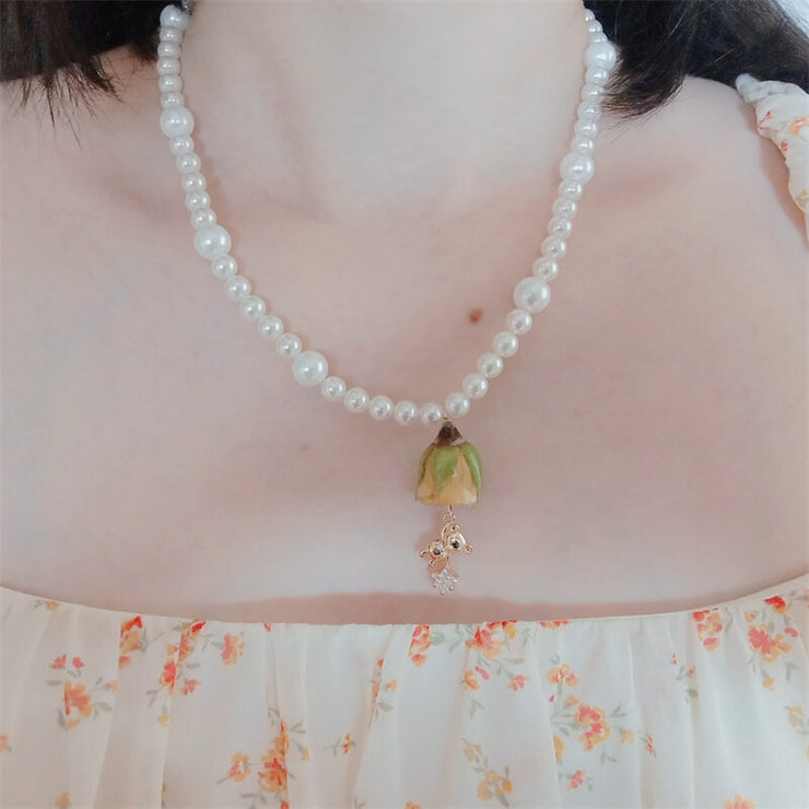 Bear Pendant | Resin Yellow Dried Rose | Pearl | Necklace | 14K Gold Clad