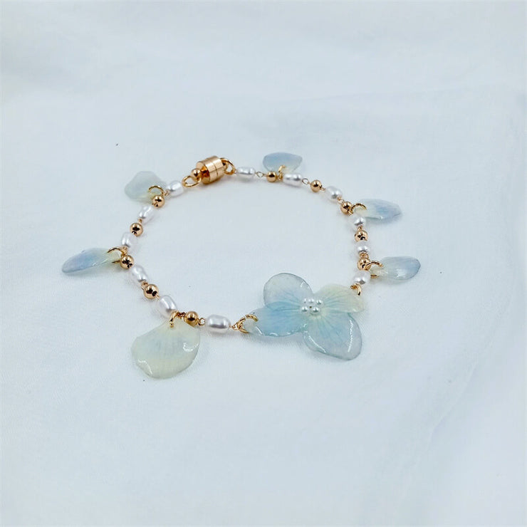 Resin Pressed Delphinium | Pearls | Bracelets | 14K Gold Clad