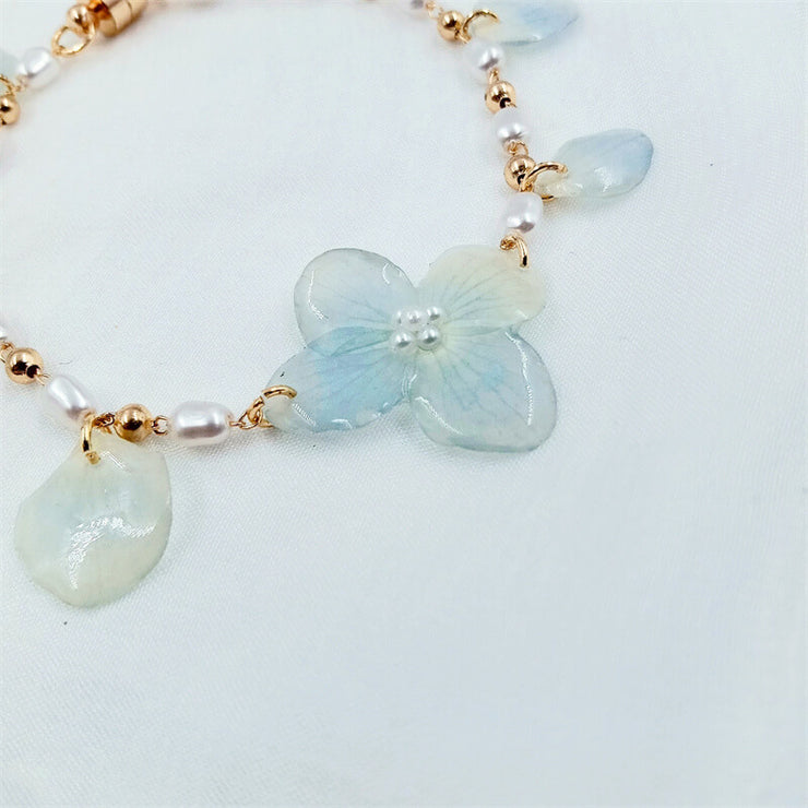 Resin Pressed Delphinium | Pearls | Bracelets | 14K Gold Clad