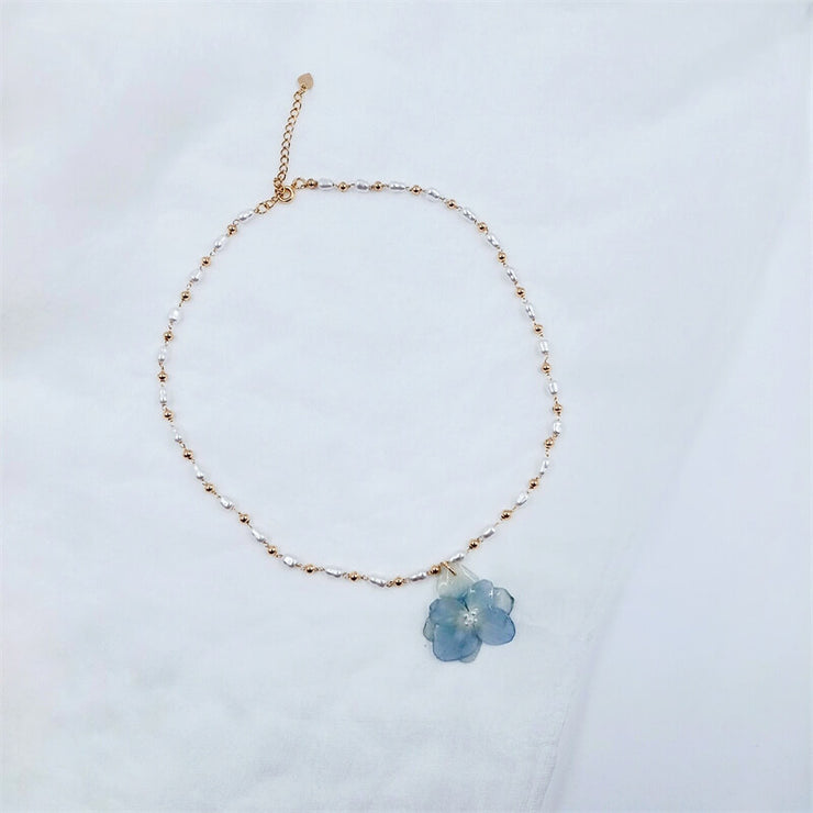 [ 2 in 1 ]Resin Pressed Delphinium | Pearls | Necklace | 14K Gold Clad