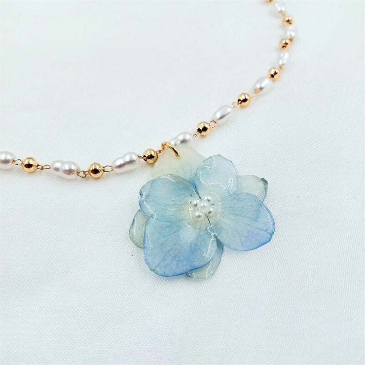 [ 2 in 1 ]Resin Pressed Delphinium | Pearls | Necklace | 14K Gold Clad