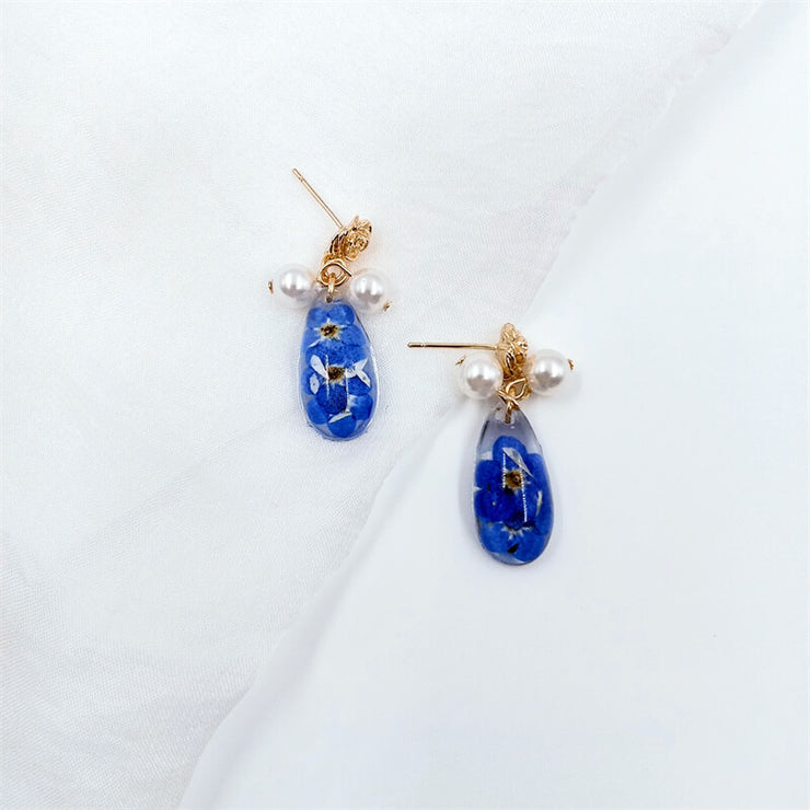 Resin Blue Flower | Rose Ear Needles | Earrings | 14K Gold Clad