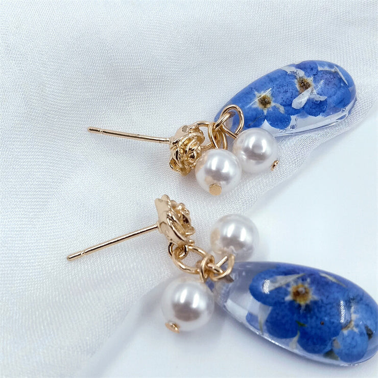 Resin Blue Flower | Rose Ear Needles | Earrings | 14K Gold Clad