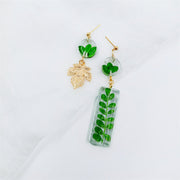 Resin Rreen Leaves | Gold Leaf | Asymmetrical Earrings | 14K Gold Clad