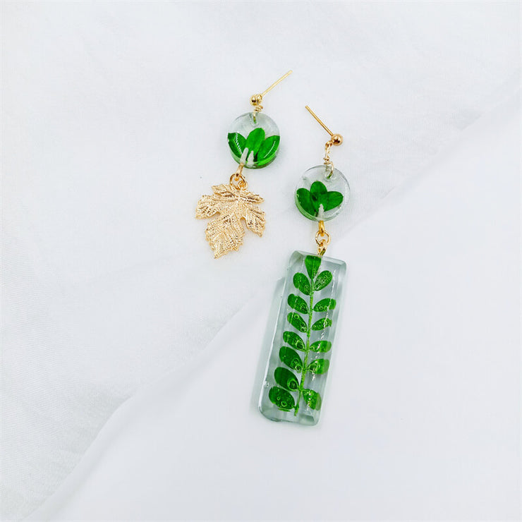 Resin Rreen Leaves | Gold Leaf | Asymmetrical Earrings | 14K Gold Clad