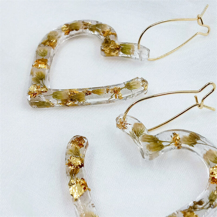 Resin Heart-Shaped | Gold Foil | Earrings | 14K Gold Clad