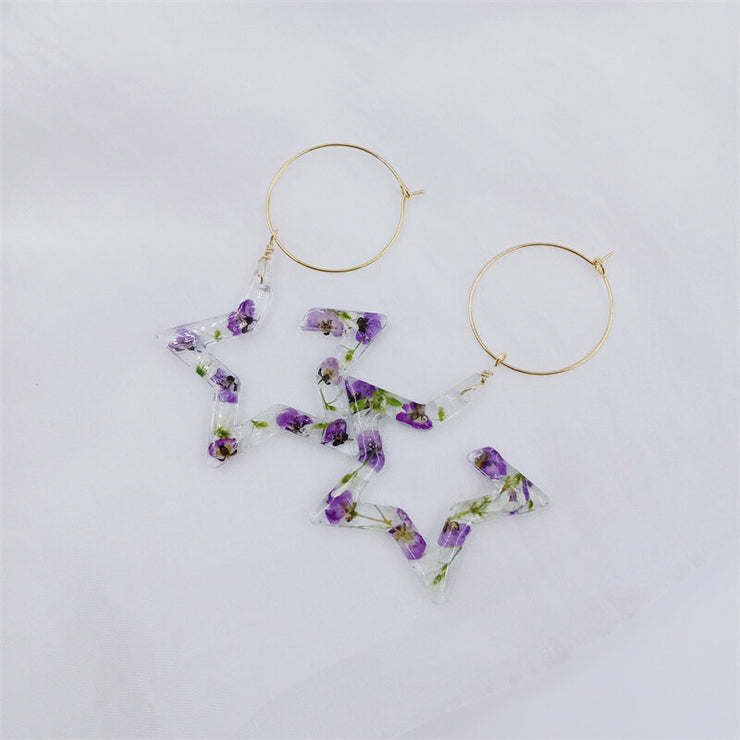 Resin Star-Shaped | Purple Flower | Earrings | 14K Gold Clad