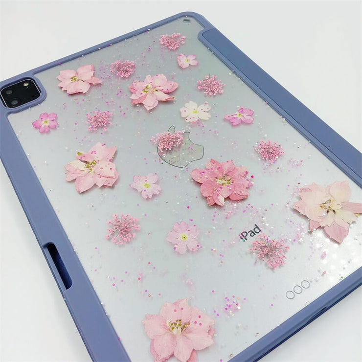 Round Sequin Pink Delphinium Tablet Case | iPad Pro | Air 4 5 | Mini 6 | Tab S6/7/8