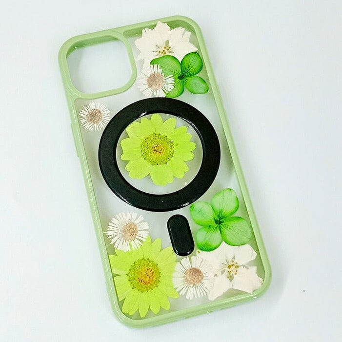 Green Daisies Hydrangea Delphinium | with Lanyard | with Magsafe | Colorful Border Case