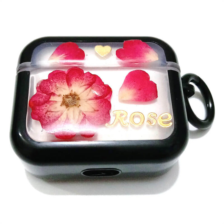 Red Rose with Heart Sequins | Pressed Real Flower | AirPods with Name