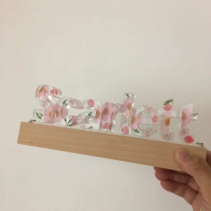 Pink Floral Dried Pressed Flower Resin Name Night Light-Wooden Base