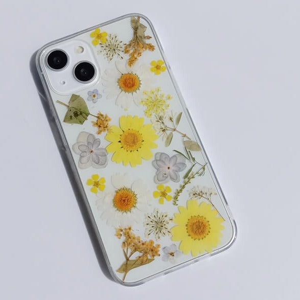 Light Blue Yellow White Dried Flowers | Clear, Bumper, Border Phone Case | Apple Samsung Google